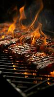 Flames of flavor, A fiery barbecue grill awaiting the sizzle and sear Vertical Mobile Wallpaper AI Generated photo