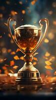 Golden trophy, symbol of success and achievement, on champion background Vertical Mobile Wallpaper AI Generated photo