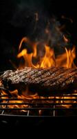 Grill inferno, Black backdrop with a blazing fire on the barbecue Vertical Mobile Wallpaper AI Generated photo