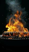 Grill inferno, Black backdrop with a blazing fire on the barbecue Vertical Mobile Wallpaper AI Generated photo