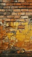 Grungy seamless pattern texture featuring an aged yellow and red brick wall Vertical Mobile Wallpaper AI Generated photo