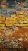 Grungy seamless pattern texture featuring an aged yellow and red brick wall Vertical Mobile Wallpaper AI Generated photo