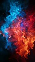 Intense red and blue fire illuminates the black background Vertical Mobile Wallpaper AI Generated photo