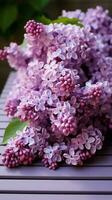 lila ramo de flores en de madera tablón, un pintoresco símbolo de floreciente primavera vertical móvil fondo de pantalla ai generado foto