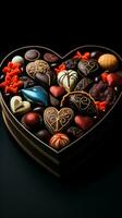 Love's sweet embrace, Heart-shaped box holding scrumptious chocolate candies on black Vertical Mobile Wallpaper AI Generated photo