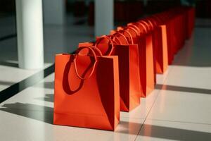 Eye catching red paper bags arranged on the shops polished floor AI Generated photo