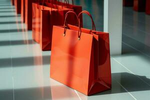 Eye catching red paper bags arranged on the shops polished floor AI Generated photo