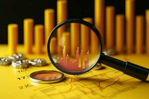 Financial report on yellow backdrop with growth focused graphs, arrows, and magnifier AI Generated photo