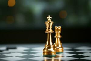 oro ajedrez pedazo en el tablero simboliza estratégico negocio planificación ai generado foto