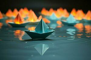 Origami boats set sail on a solid surface, elegant and poised AI Generated photo