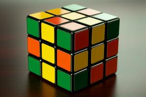 Rubiks Cube with yellow, orange, and green sides, a colorful challenge AI Generated photo