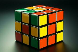 Rubiks Cube with yellow, orange, and green sides, a colorful challenge AI Generated photo