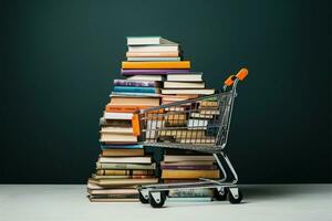 Unusual juxtaposition a shopping cart atop a pile of books AI Generated photo