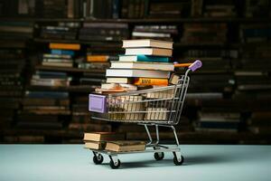 Unusual juxtaposition a shopping cart atop a pile of books AI Generated photo