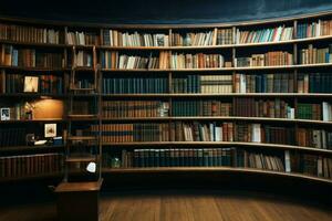 de madera estante para libros con orgullo muestra un colección de bien amado libros ai generado foto