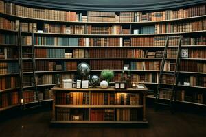 A sturdy wooden shelf showcases an assortment of cherished books AI Generated photo