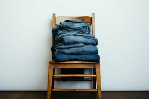 A chair doubles as a display for a stack of jeans AI Generated photo