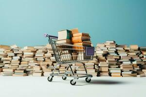 An unexpected scene a shopping cart perched upon a book pile AI Generated photo