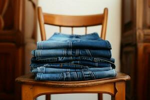 Blue jeans neatly stacked on a chair, ready for use AI Generated photo