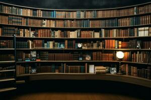 Books neatly arranged on a rustic wooden shelf for easy access AI Generated photo