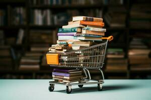 Books serve as an unconventional base for a parked shopping cart AI Generated photo