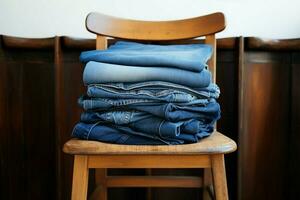 Chair holds a stack of blue jeans, orderly and inviting AI Generated photo