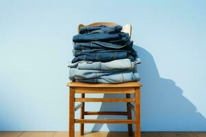 Chair holds a stack of blue jeans, orderly and inviting AI Generated photo