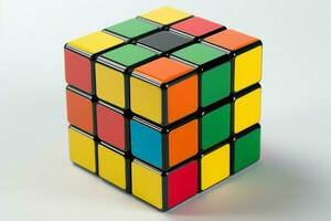 vistoso 3x3 rubiks cubo caracteristicas amarillo, naranja, y verde lados ai generado foto