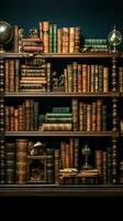 A trove of vintage books adorns the bookshelf, nurturing wisdom in libraries Vertical Mobile Wallpaper AI Generated photo