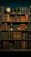 A trove of vintage books adorns the bookshelf, nurturing wisdom in libraries Vertical Mobile Wallpaper AI Generated photo