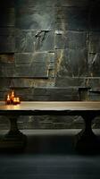 Abandoned surface, dark marble, ebony countertop, on dim wall backdrop Vertical Mobile Wallpaper AI Generated photo