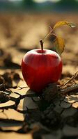 manzana encima seco, agrietado suelo simboliza comida inseguridad, agua escasez, y agrícola crisis vertical móvil fondo de pantalla ai generado foto