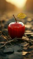 manzana en Desierto suelo simboliza agua escasez, hambre, agrícola retos en medio de clima cambio vertical móvil fondo de pantalla ai generado foto