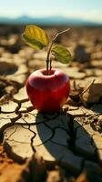 Arid environment apple on cracked soil depicts hunger, water scarcity, and agriculture challenges Vertical Mobile Wallpaper AI Generated photo