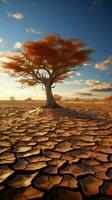 árido suelo cunas árbol, ilustrando clima cambios agua crisis efectos en medio de global calentamiento vertical móvil fondo de pantalla ai generado foto