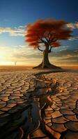 Arid ground cradles tree, illustrating climate changes water crisis effects amid global warming Vertical Mobile Wallpaper AI Generated photo