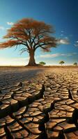 Arid ground cradles tree, illustrating climate changes water crisis effects amid global warming Vertical Mobile Wallpaper AI Generated photo