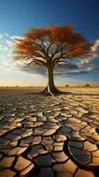 Arid ground cradles tree, illustrating climate changes water crisis effects amid global warming Vertical Mobile Wallpaper AI Generated photo