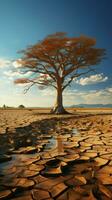 Arid ground cradles tree, illustrating climate changes water crisis effects amid global warming Vertical Mobile Wallpaper AI Generated photo