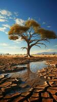 Arid ground cradles tree, illustrating climate changes water crisis effects amid global warming Vertical Mobile Wallpaper AI Generated photo