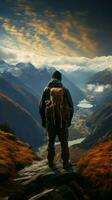 Back to beauty, hiker embraces mountain panorama, enjoying natures splendor Vertical Mobile Wallpaper AI Generated photo