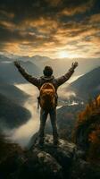 Back view, backpacker on rocky peak, arms raised, captivated by misty mountain scenery Vertical Mobile Wallpaper AI Generated photo