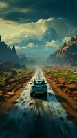 Beyond endpoints, mans joyous car journey reveals roads significance, not just destinations Vertical Mobile Wallpaper AI Generated photo