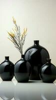 Black vases grace marble, sharp contrast against white wall canvas Vertical Mobile Wallpaper AI Generated photo