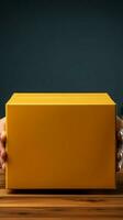 caja retenida por mano, exhibido en contra teléfono y amarillo antecedentes artístico sinergia vertical móvil fondo de pantalla ai generado foto