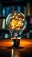 Bright intellect Light bulb, book unite, portraying innovative ideas sparked by education Vertical Mobile Wallpaper AI Generated photo