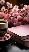 Chic composition, pink table adorned with notebook, flowers, and steaming coffee Vertical Mobile Wallpaper AI Generated photo