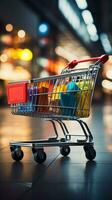 Cart in context Supermarket shopping cart amidst blurred store bokeh atmosphere Vertical Mobile Wallpaper AI Generated photo