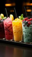 Chilled delight, row of icy fruit slushies, each in a plastic cup Vertical Mobile Wallpaper AI Generated photo