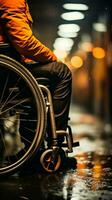 Close up view man in wheelchair holds wheels, depicting strength and capability despite handicap Vertical Mobile Wallpaper AI Generated photo